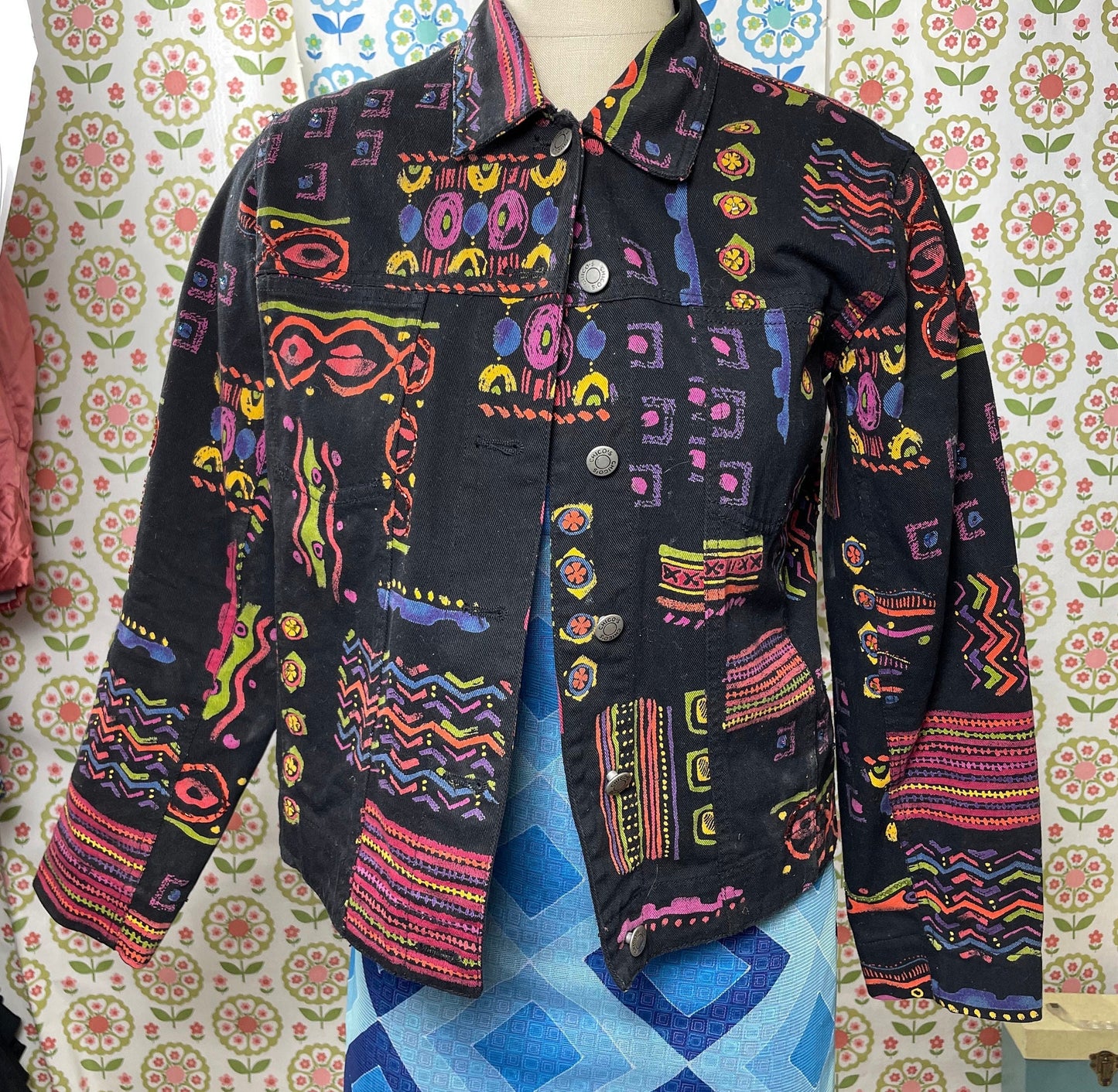 vtg 80s BLACK NEON JACKET // Chico's Abstract Print Denim Jacket canvas cowboy femme friends style 90s art abstract pattern basquiat fame