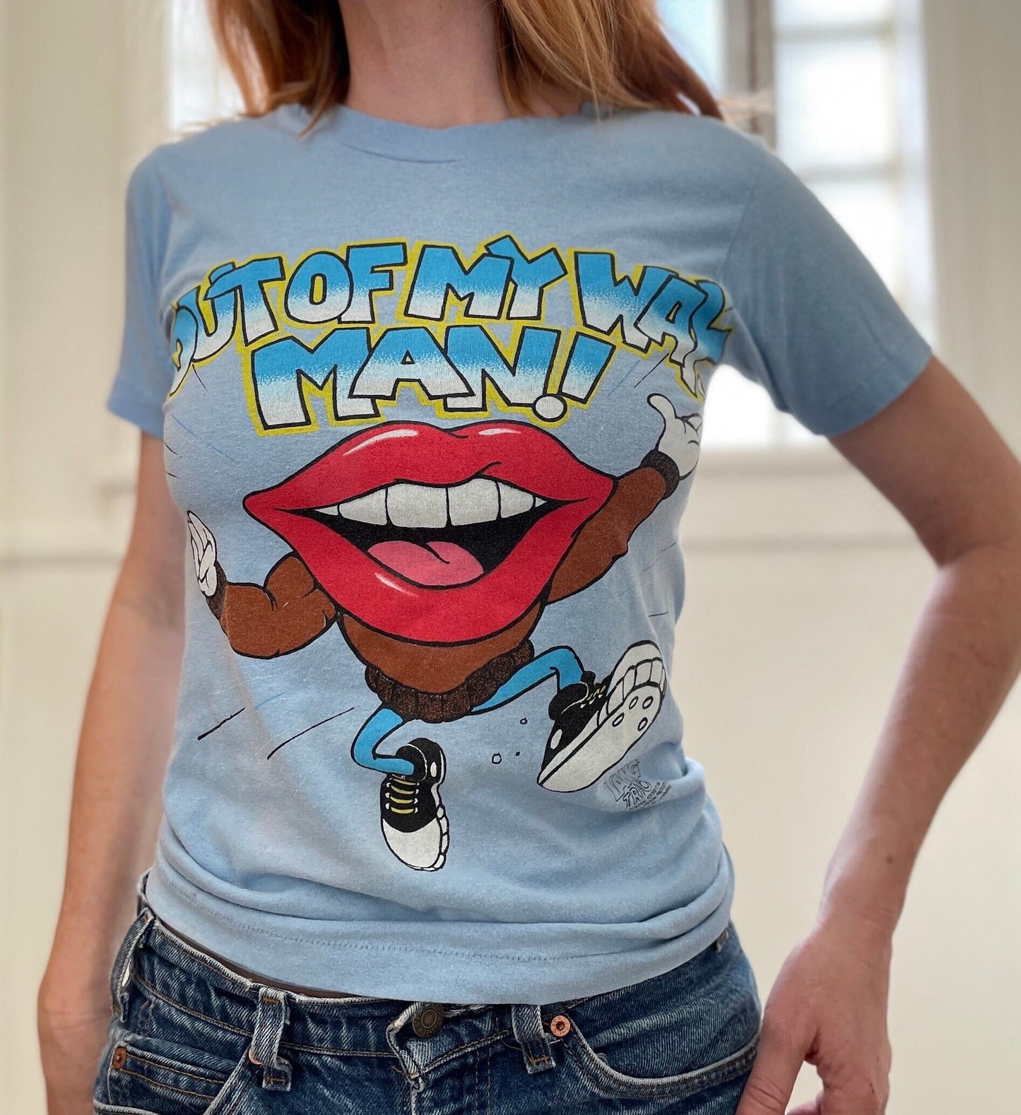 vtg 90s RUDE TANG LIPS get outta my way man shirt / Pop Art Lips ludacris andy warhol rolling stones 80s mick jagger tee baby blue rock tour