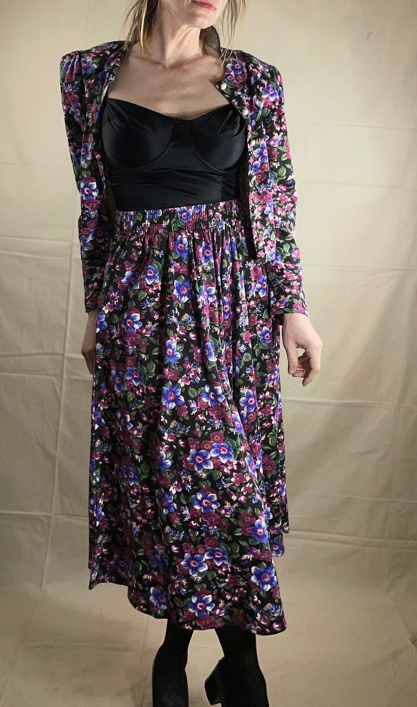 vtg 80s 2 PIECE FLORAL SET // vintage 80s autumn floral cottage style jacket and skirt cute kitschy teacher campus student midi garden print