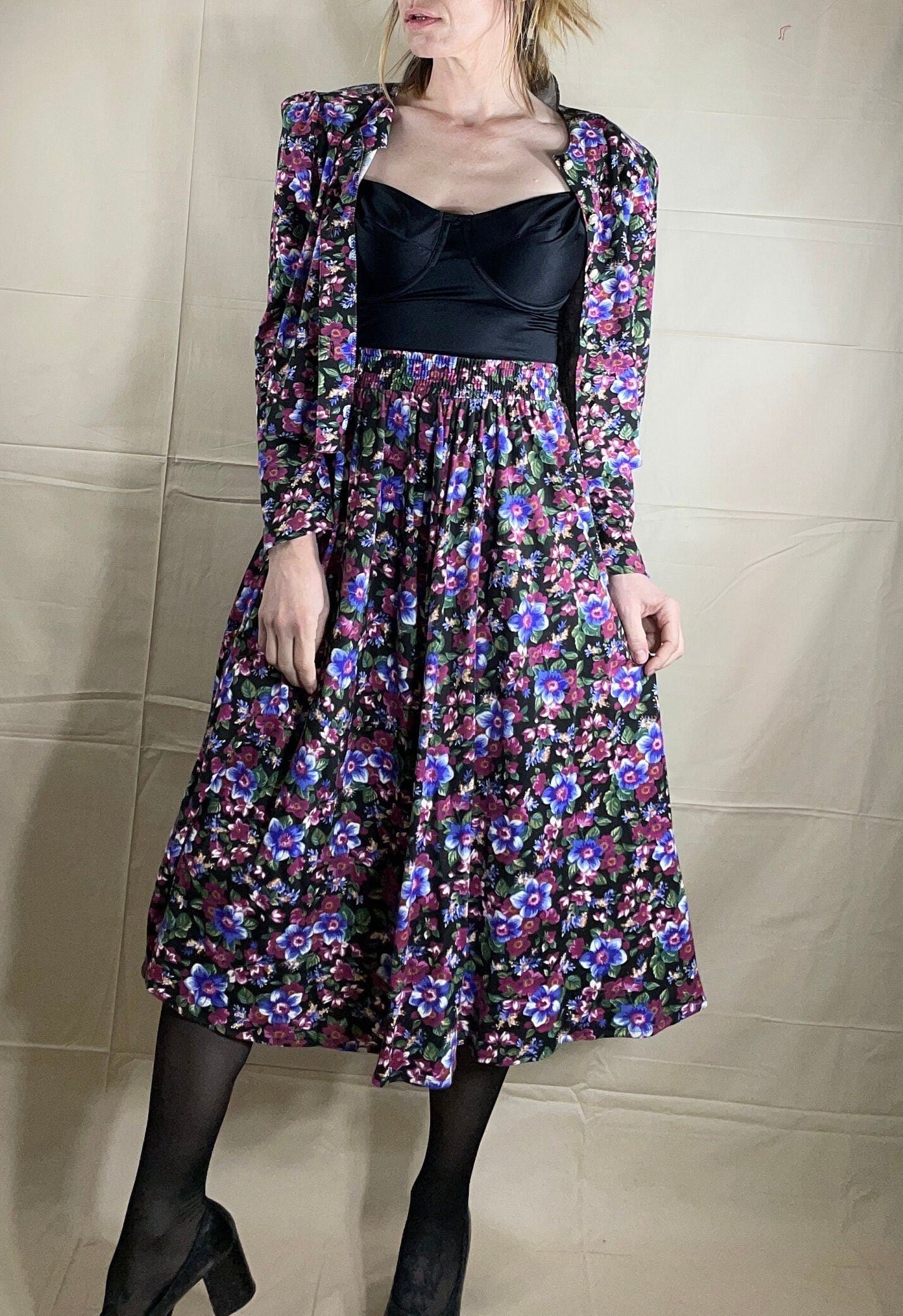 vtg 80s 2 PIECE FLORAL SET // vintage 80s autumn floral cottage style jacket and skirt cute kitschy teacher campus student midi garden print