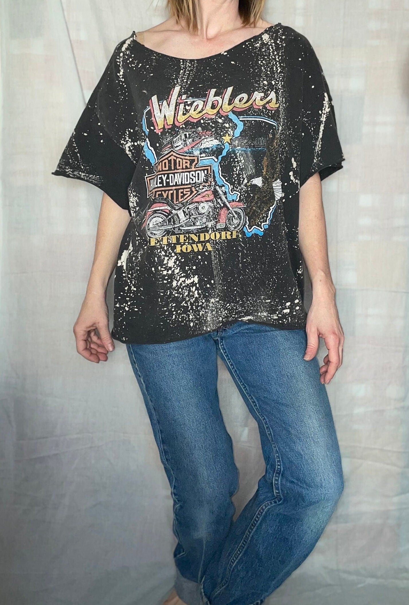 vtg 90s HARLEY DAVIDSON TEE // vintage fat boys rule biker babe cut oversized slouchy grunge ironic hipster off the shoulder sexy cropped