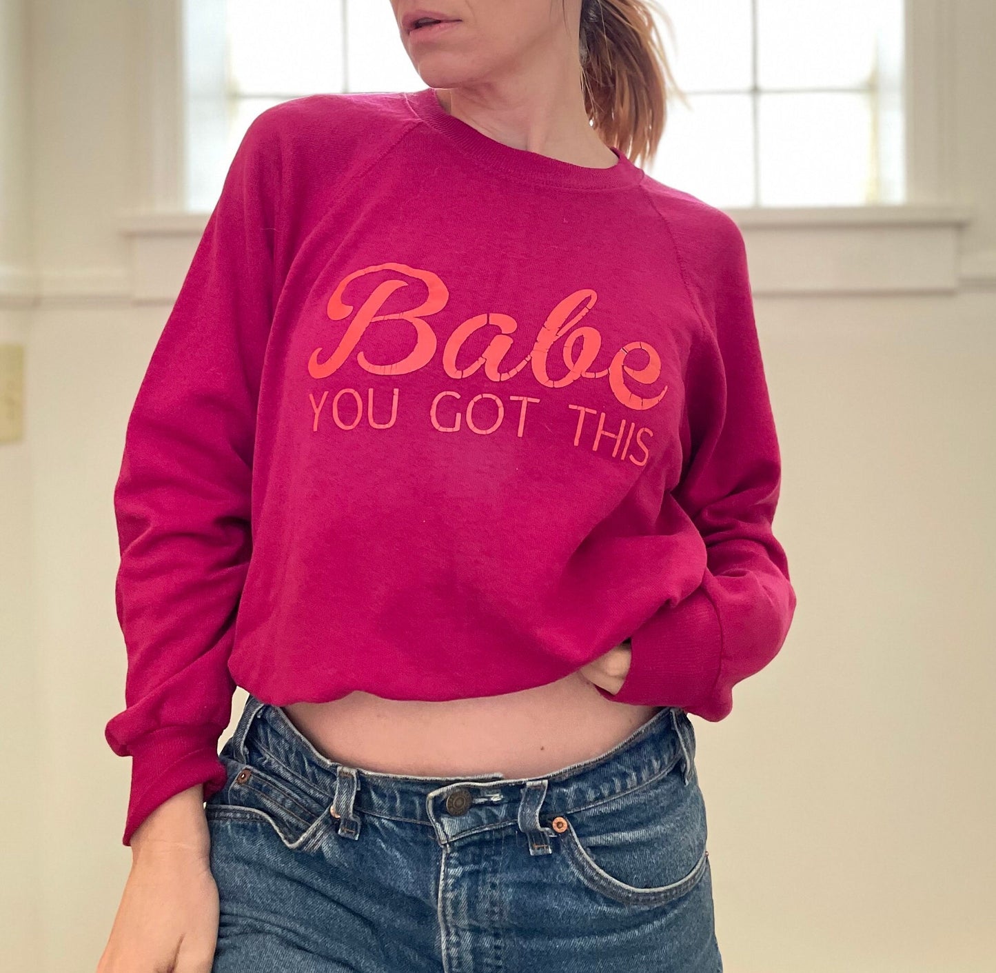 vtg 90s BABE u GOT THIS! sweatshirt /pray everyday hope faith cancer survivor woman jesus track girl power hot pink top femme lady strong