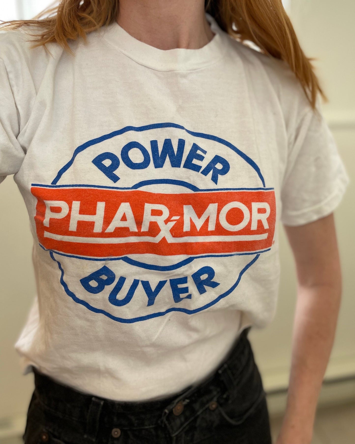 vtg 80s POWER BUYER PHARMACY Shirt // vintage circle logo retro water print screen print mom & pop bodega soda fountain funny ironic hipster