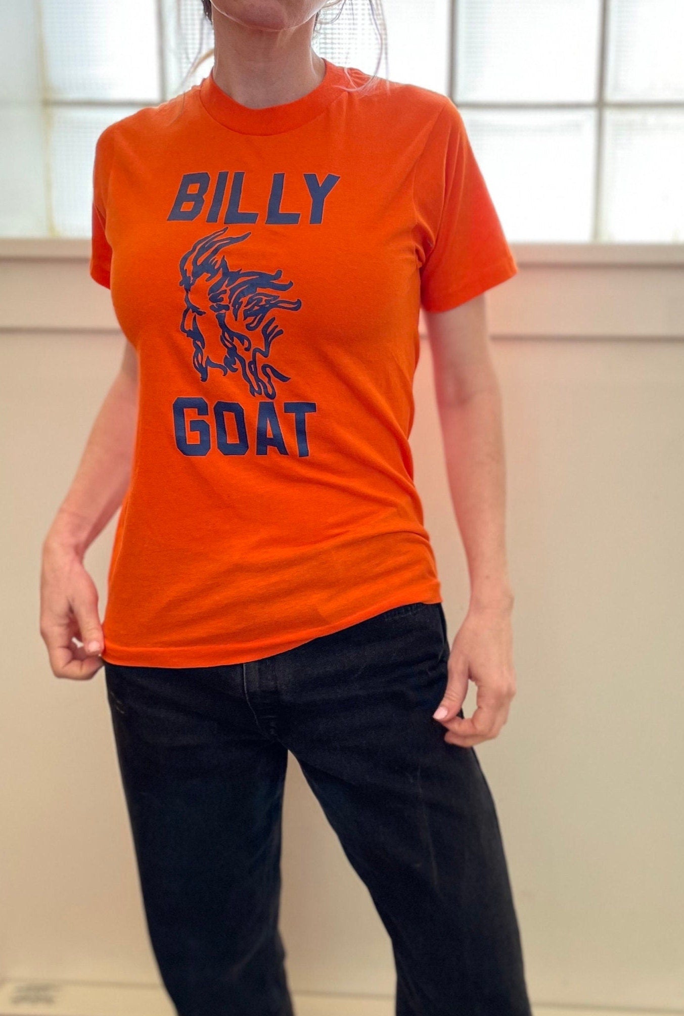 vtg 70s BILLY GOAT TAVERN Shirt // vintage famous chicago bar restaurant orange & black greatest of all time baller sigma funny graphic tee