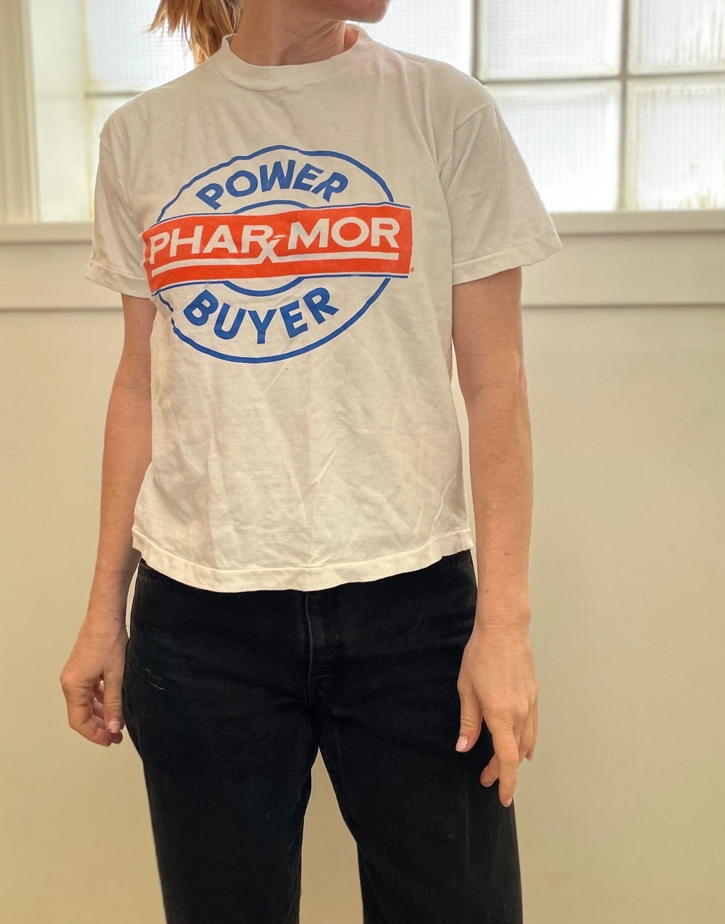 vtg 80s POWER BUYER PHARMACY Shirt // vintage circle logo retro water print screen print mom & pop bodega soda fountain funny ironic hipster