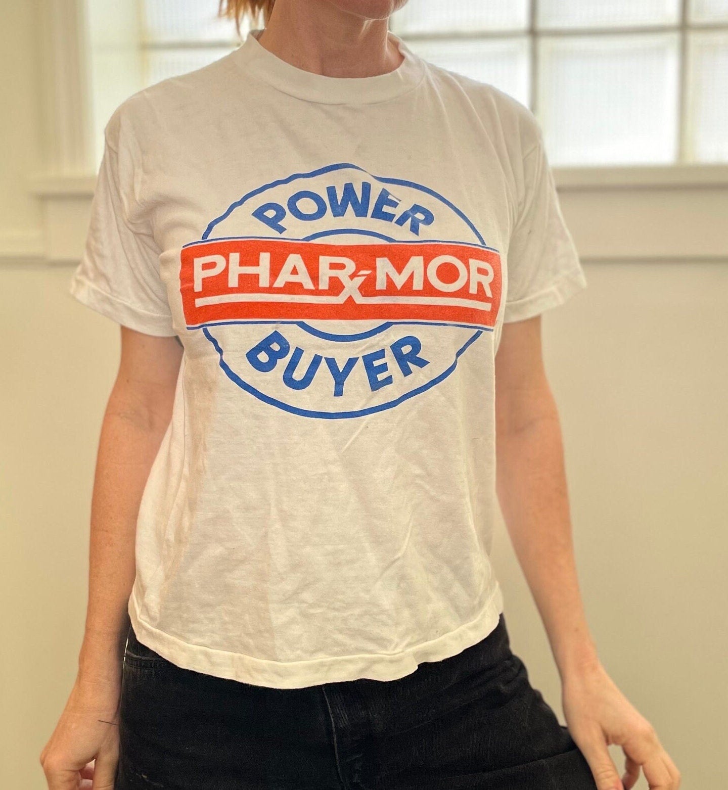vtg 80s POWER BUYER PHARMACY Shirt // vintage circle logo retro water print screen print mom & pop bodega soda fountain funny ironic hipster