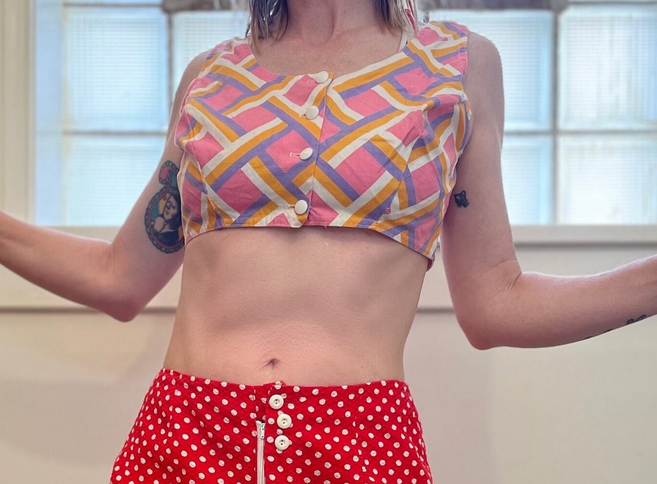 vtg 60s PLAYSUIT CROP TOP // vintage pin up rockabilly bombshell playsuit 50s summer cute pink stripe pattern 60s mod midriff top pastel