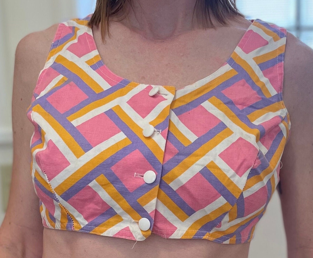 vtg 60s PLAYSUIT CROP TOP // vintage pin up rockabilly bombshell playsuit 50s summer cute pink stripe pattern 60s mod midriff top pastel