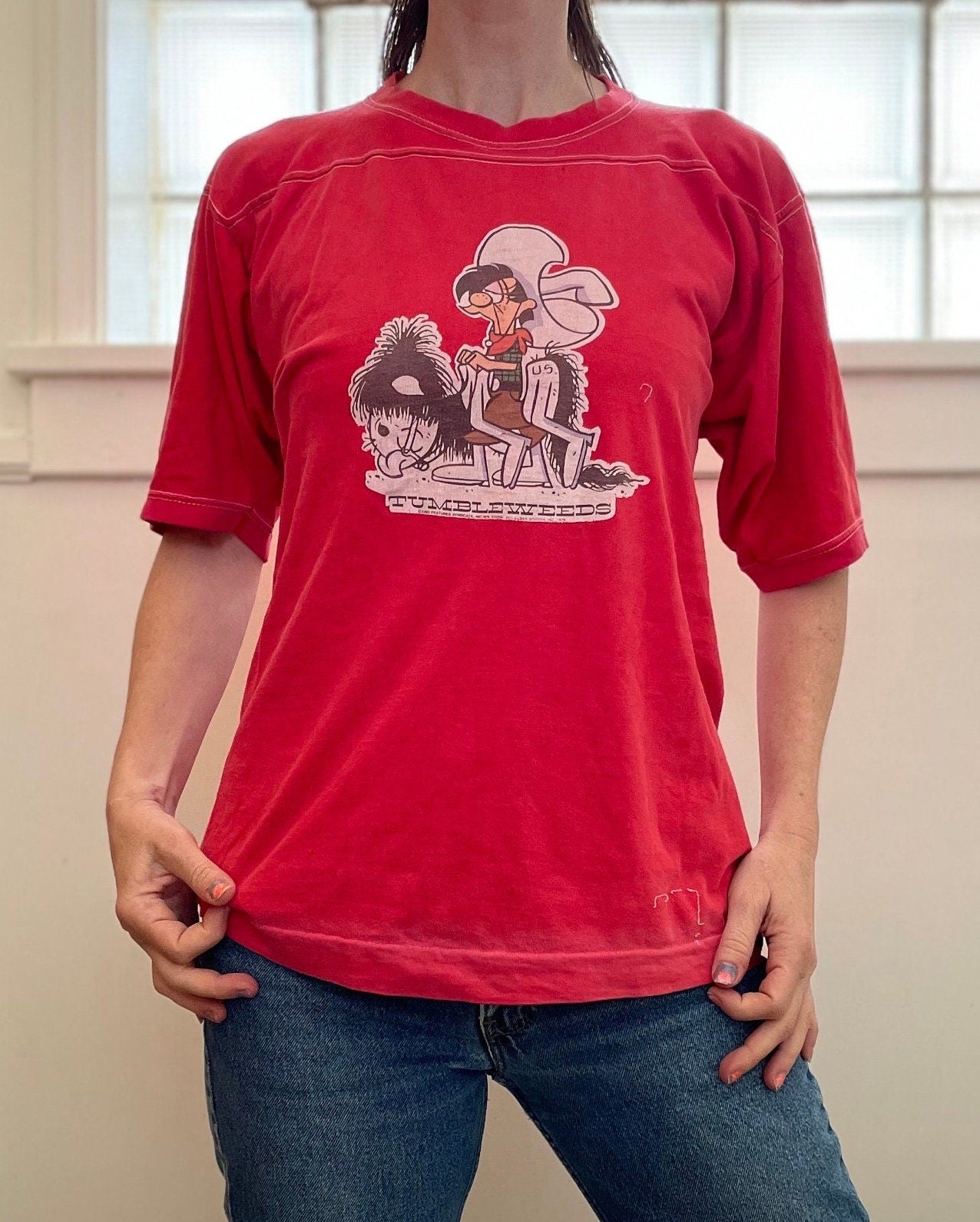 vtg 70s TUMBLEWEEDS DONKEY COWBOY Shirt // vintage funny graphic tee silly drunk old west iron on tshirt football 3/4 sleeve red soft tee