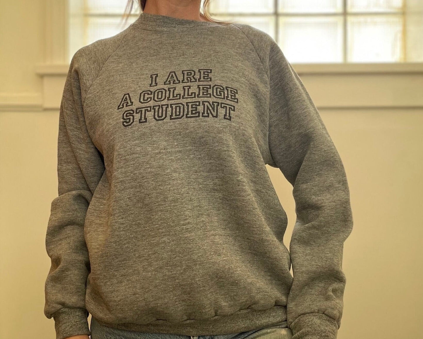 vtg 90s COLLEGE STUDENT SWEATSHIRT // vintage I are a college student gray comfy slouchy fitted cropped top ironic hipster funny graphic tee