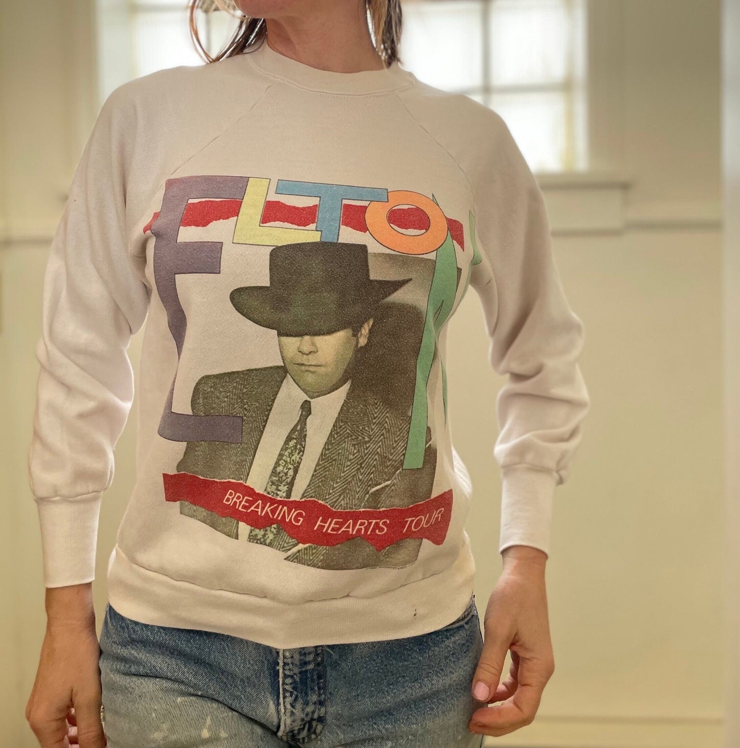 vtg 80s ELTON JOHN SWEATSHIRT // vintage 1980s glam rock band tour breaking hearts pop art music retro rock n roll tiny dancer photo print