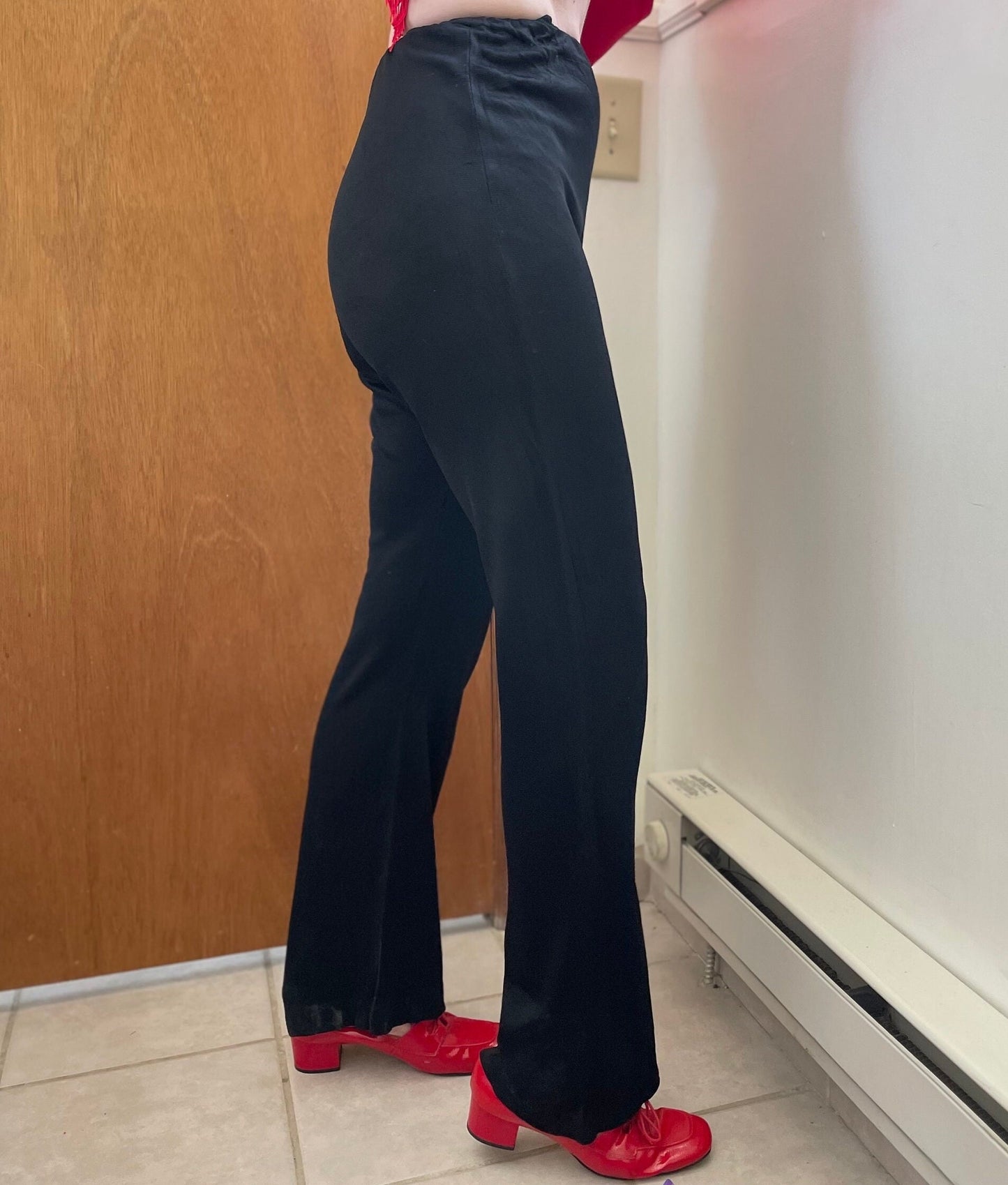 vtg 70s SLINKY BLACK FLARES // vintage medium womens high waisted retro bell bottoms stretchy flowy wide leg flare pants autumn fashion set