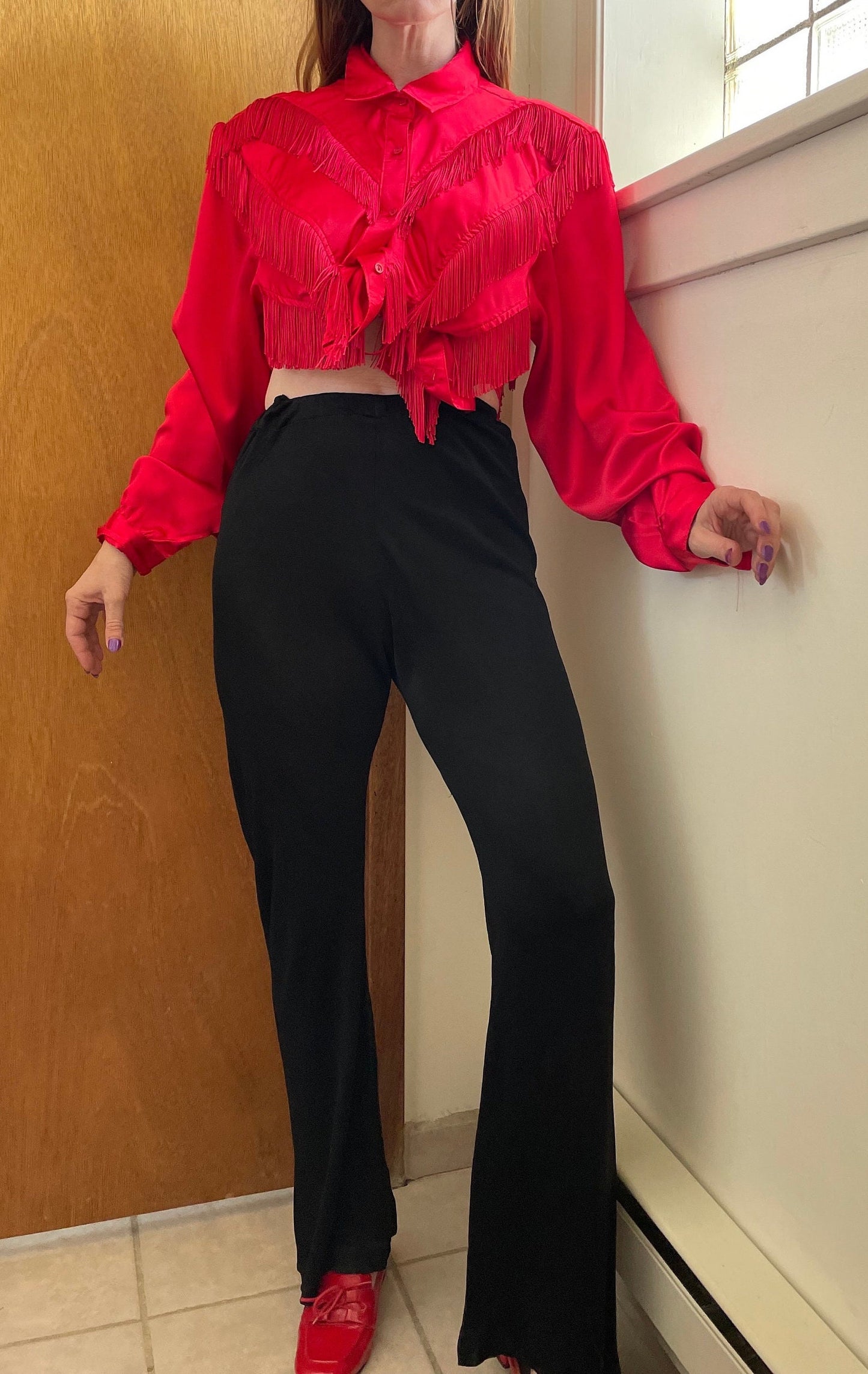 vtg 70s SLINKY BLACK FLARES // vintage medium womens high waisted retro bell bottoms stretchy flowy wide leg flare pants autumn fashion set