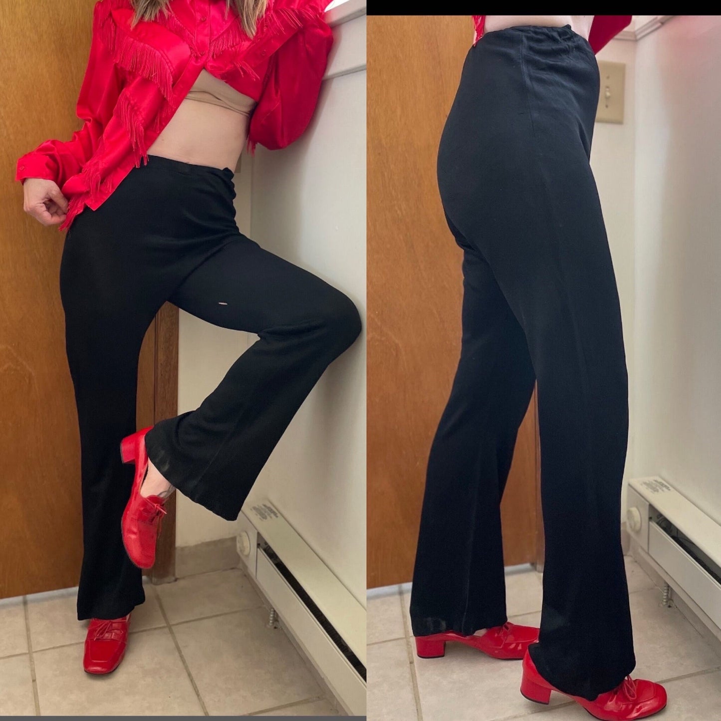 vtg 70s SLINKY BLACK FLARES // vintage medium womens high waisted retro bell bottoms stretchy flowy wide leg flare pants autumn fashion set