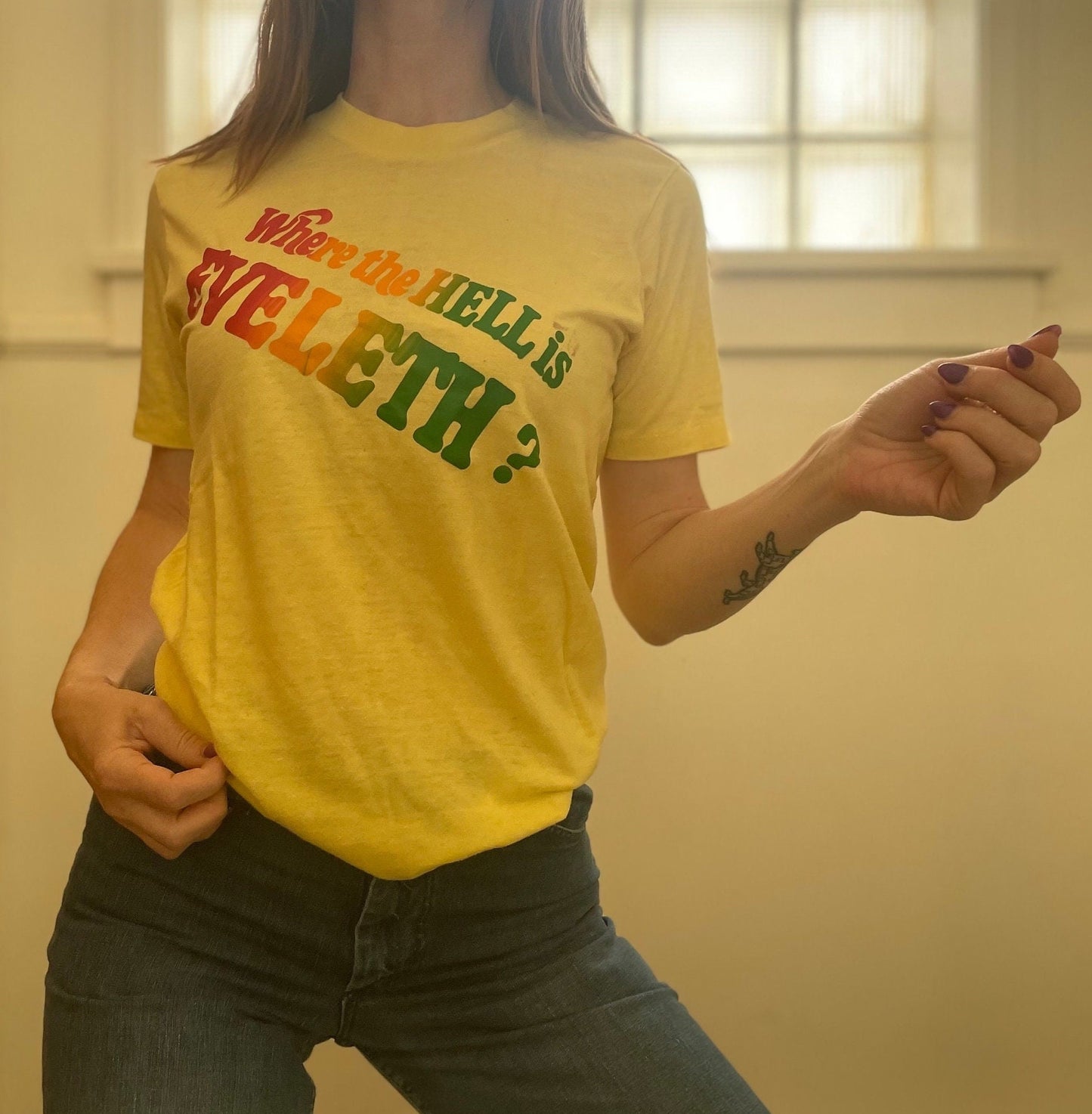 vtg 70s RETRO RAINBOW GRAPHIC Tee // vintage "where the hell is eleveth"  funny spell out shirt eleveth minnesota spruce large single stitch