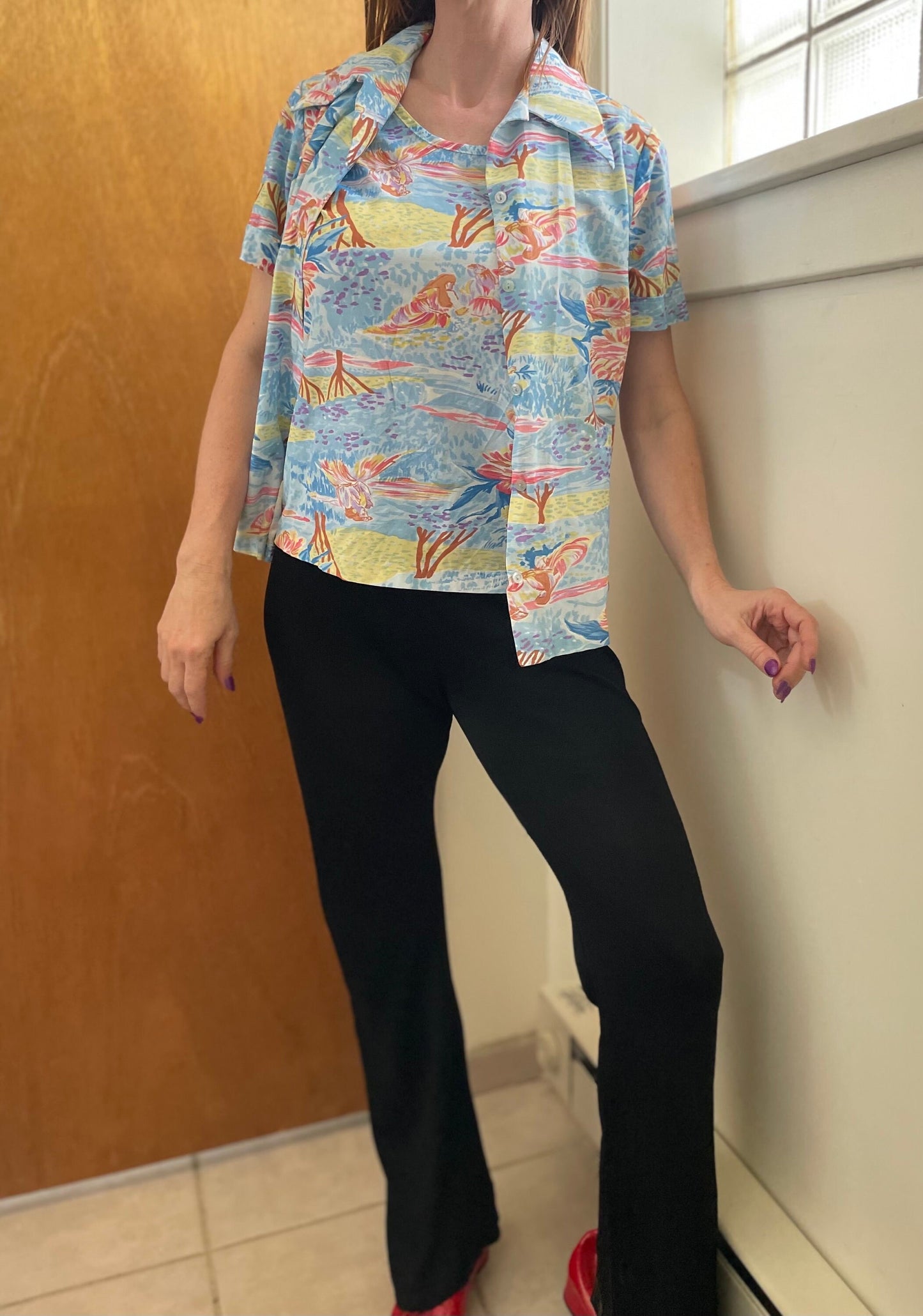 vtg 70s PSYCHEDELIC CLOUDS SHIRT// vintage layered autumn under shirt and attached button poly tee disco hippie Saturday night fever retro