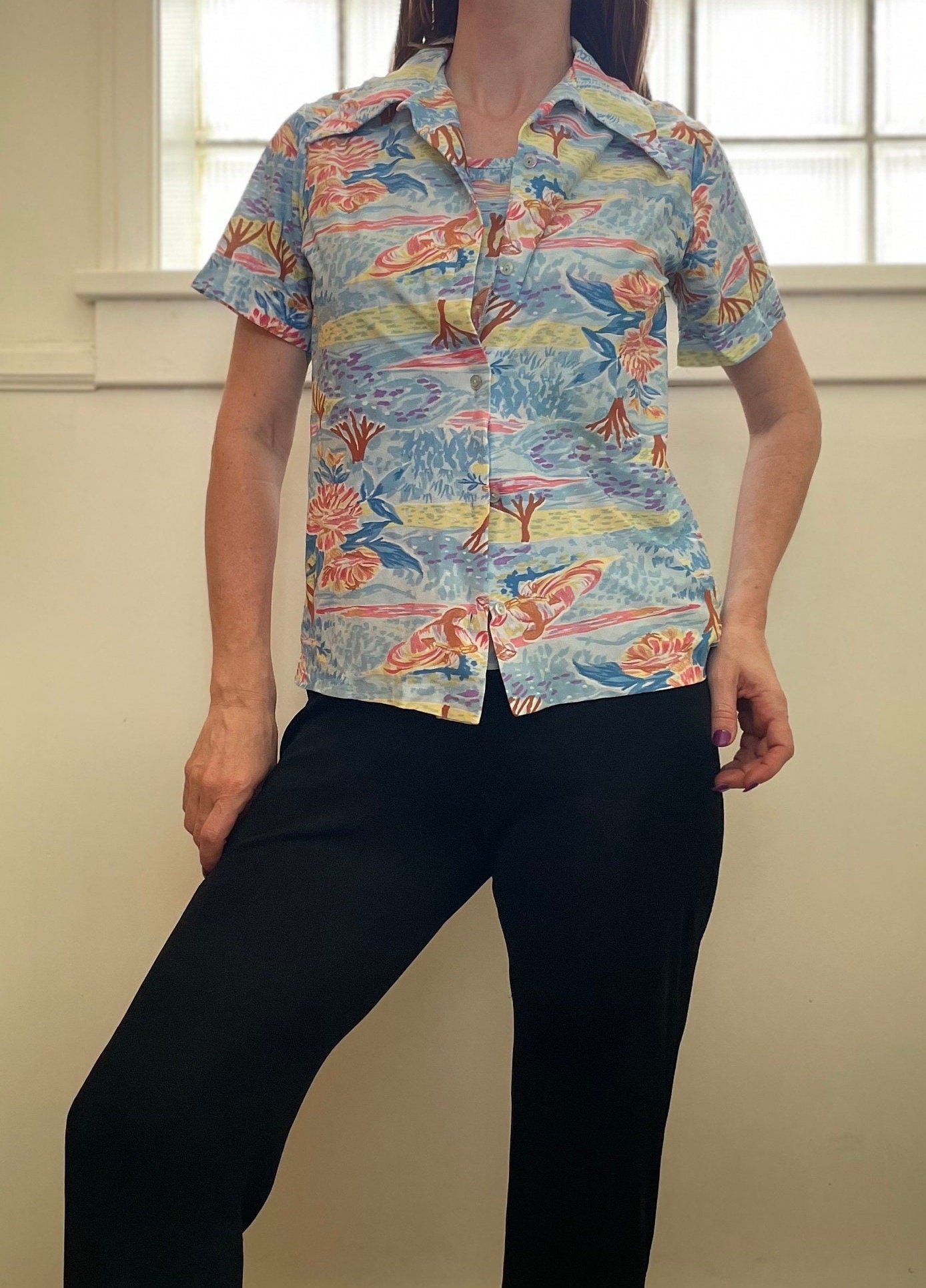 vtg 70s PSYCHEDELIC CLOUDS SHIRT// vintage layered autumn under shirt and attached button poly tee disco hippie Saturday night fever retro