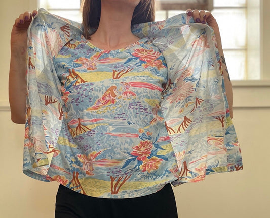 vtg 70s PSYCHEDELIC CLOUDS SHIRT// vintage layered autumn under shirt and attached button poly tee disco hippie Saturday night fever retro