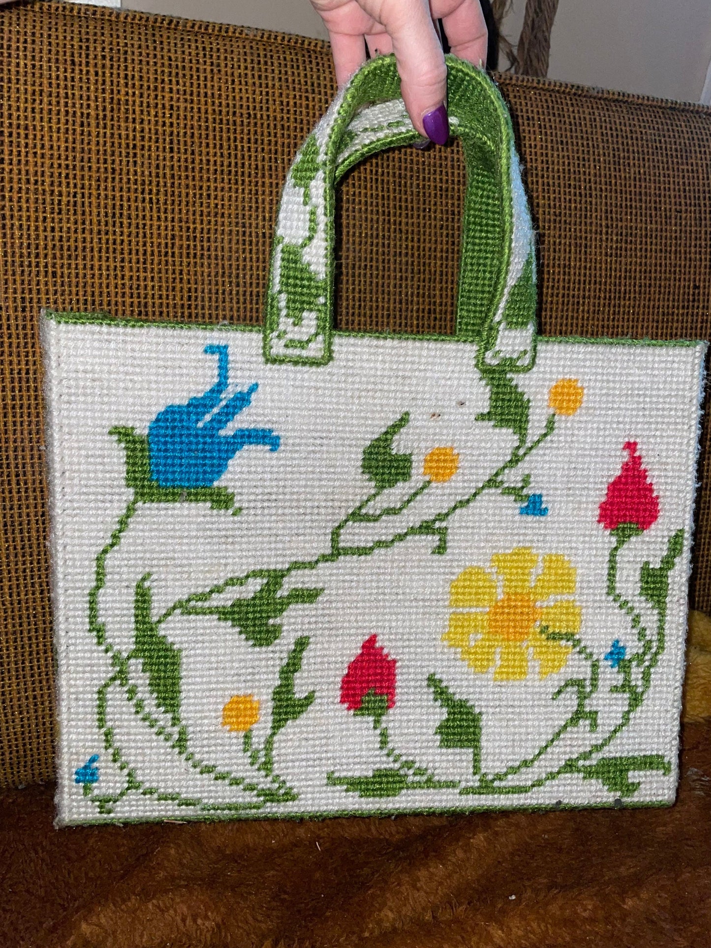 vtg 70s NEEDLEPOINT FLOWER POWER Purse // vintage embroidered hippie mod top handle sewing bag grocery tote supply carry all make up bag