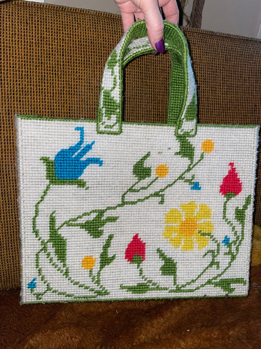 vtg 70s NEEDLEPOINT FLOWER POWER Purse // vintage embroidered hippie mod top handle sewing bag grocery tote supply carry all make up bag