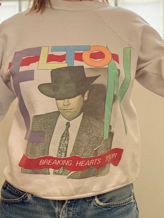 vtg 80s ELTON JOHN SWEATSHIRT // vintage 1980s glam rock band tour breaking hearts pop art music retro rock n roll tiny dancer photo print