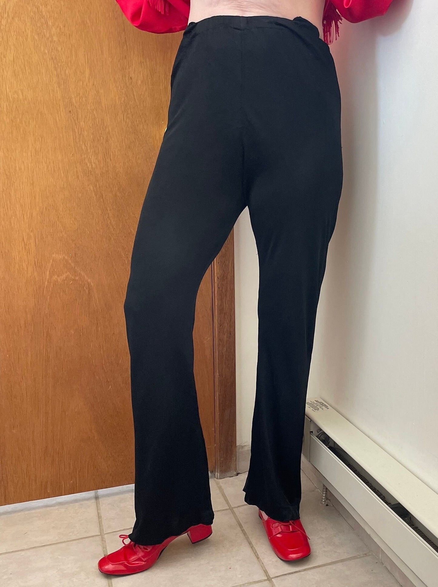 vtg 70s SLINKY BLACK FLARES // vintage medium womens high waisted retro bell bottoms stretchy flowy wide leg flare pants autumn fashion set