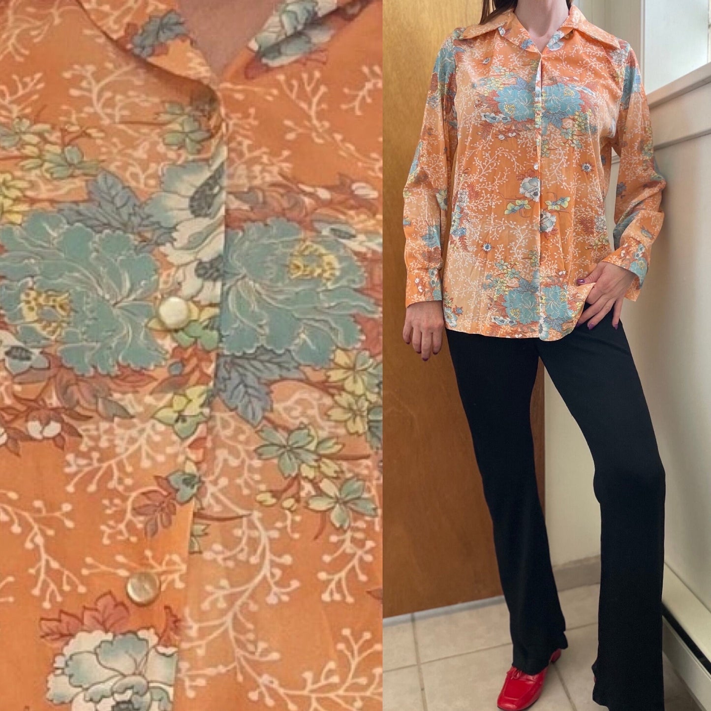 vtg 70s PSYCHEDELIC PATTERN TOP // vintage large womens floral retro pointy collar peach & blue pastel autumn long sleeve stylish mod hippie