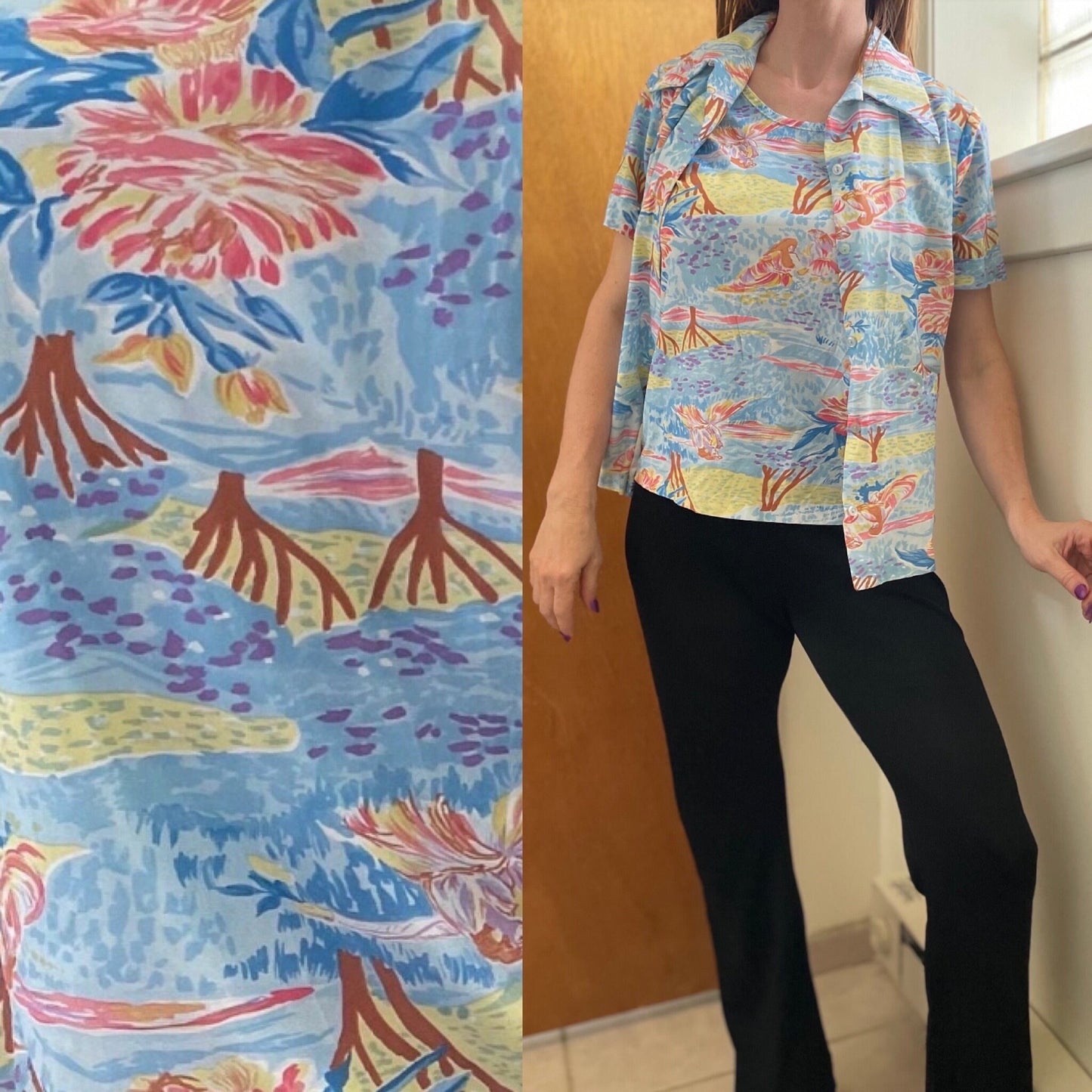 vtg 70s PSYCHEDELIC CLOUDS SHIRT// vintage layered autumn under shirt and attached button poly tee disco hippie Saturday night fever retro