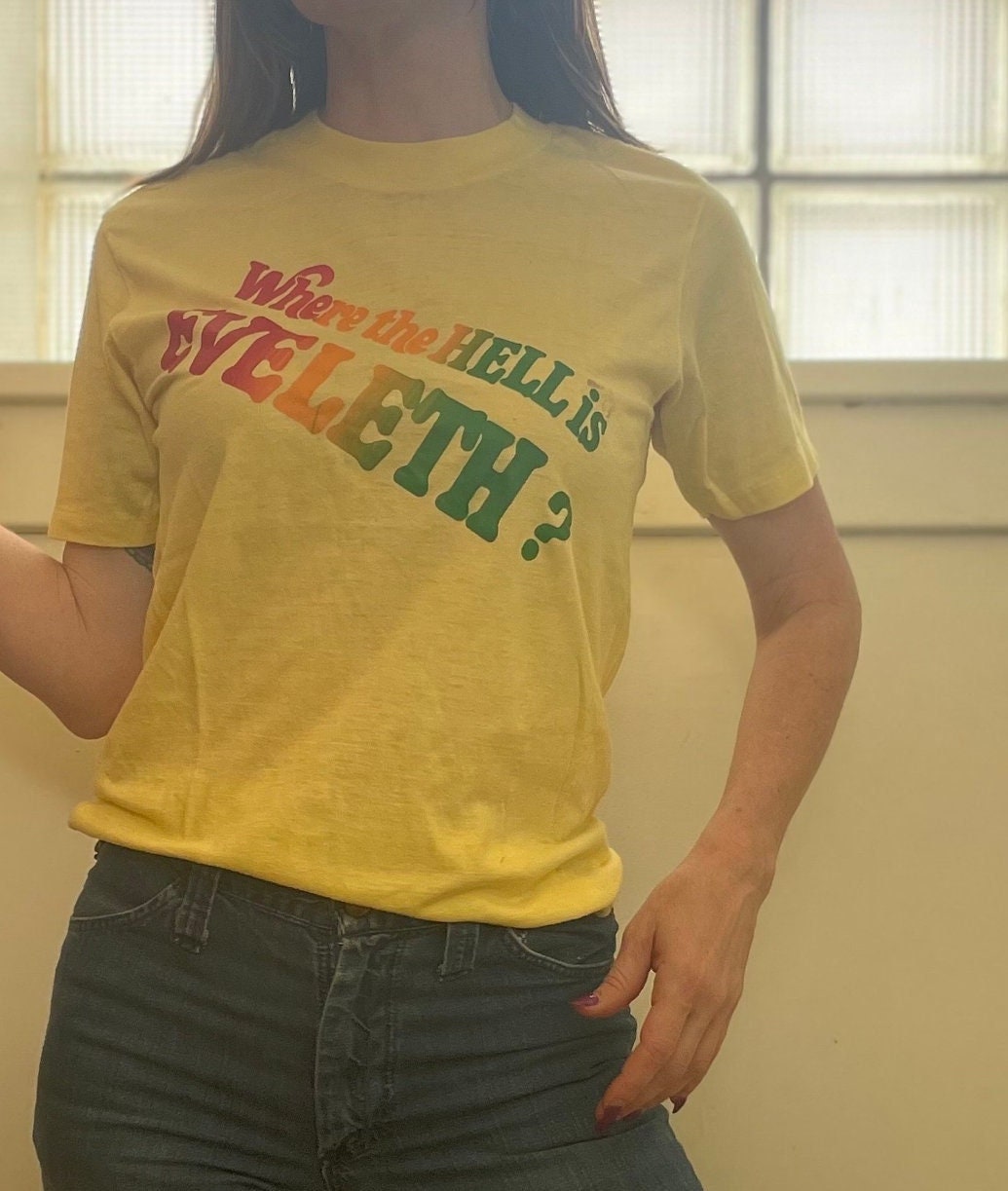 vtg 70s RETRO RAINBOW GRAPHIC Tee // vintage "where the hell is eleveth"  funny spell out shirt eleveth minnesota spruce large single stitch
