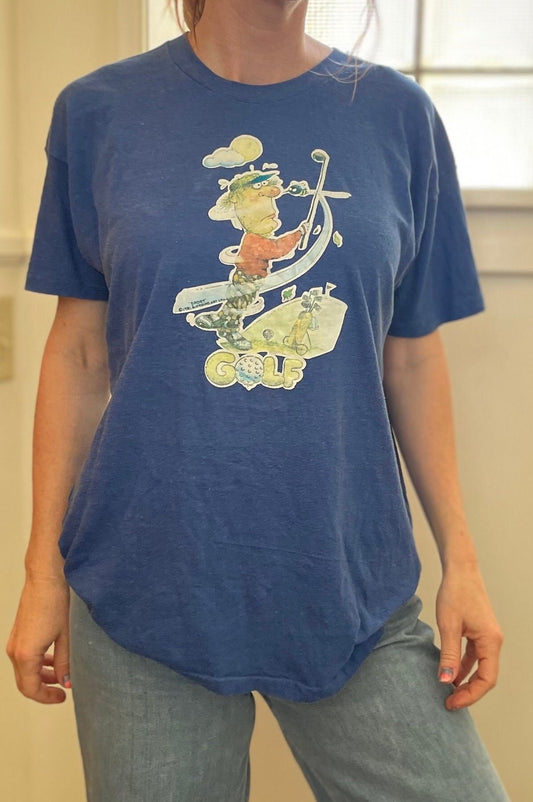 vtg 70s FUNNY GOLFER SHIRT // vintage iron on graphic tee old man bad golfer gag gift blue retro ironic hipster dad t shirt