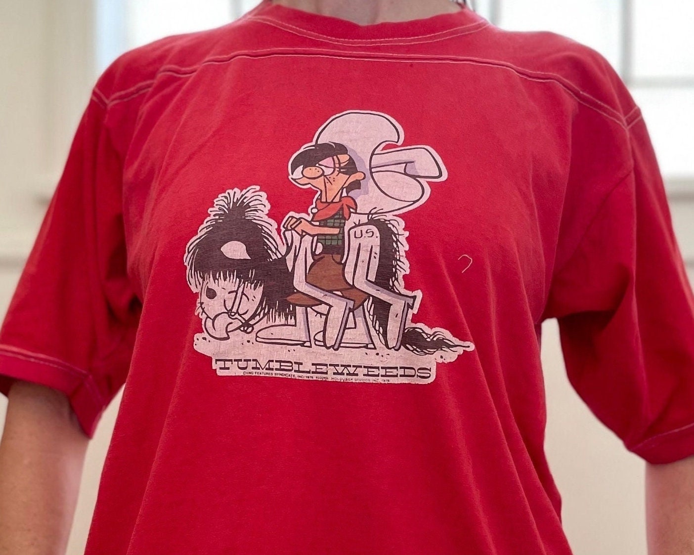 vtg 70s TUMBLEWEEDS DONKEY COWBOY Shirt // vintage funny graphic tee silly drunk old west iron on tshirt football 3/4 sleeve red soft tee