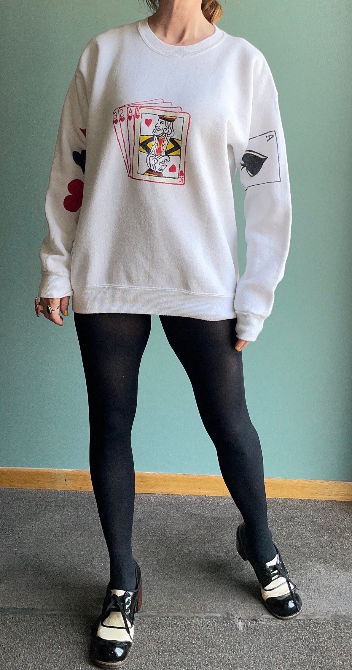 vtg 80s CARD DECK SWEATSHIRT // vintage poker womens large casino sweater homemade custom king jack of hearts queen lucky puff paint funky