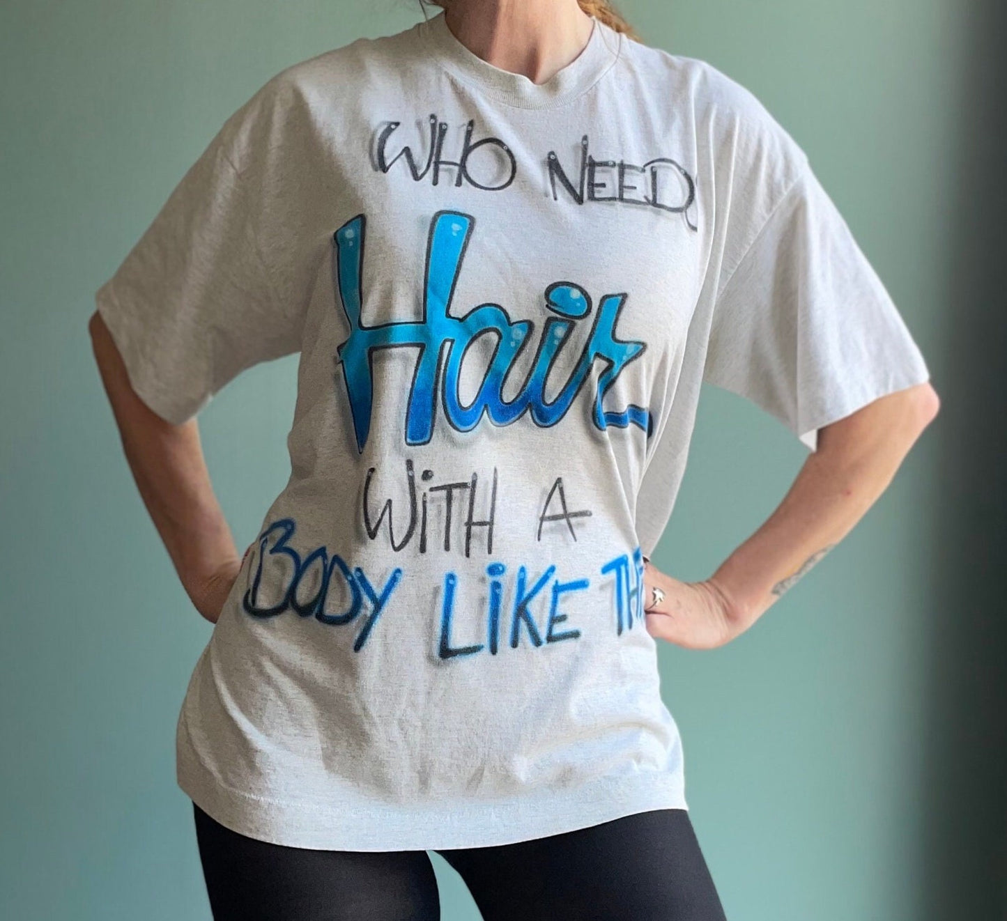 vtg 80s FUNNY TEE SHIRT // vintage “Who Needs Hair With a Body Like This?!” graffiti bald joke shirt old man grandpa dad silly gift hot body