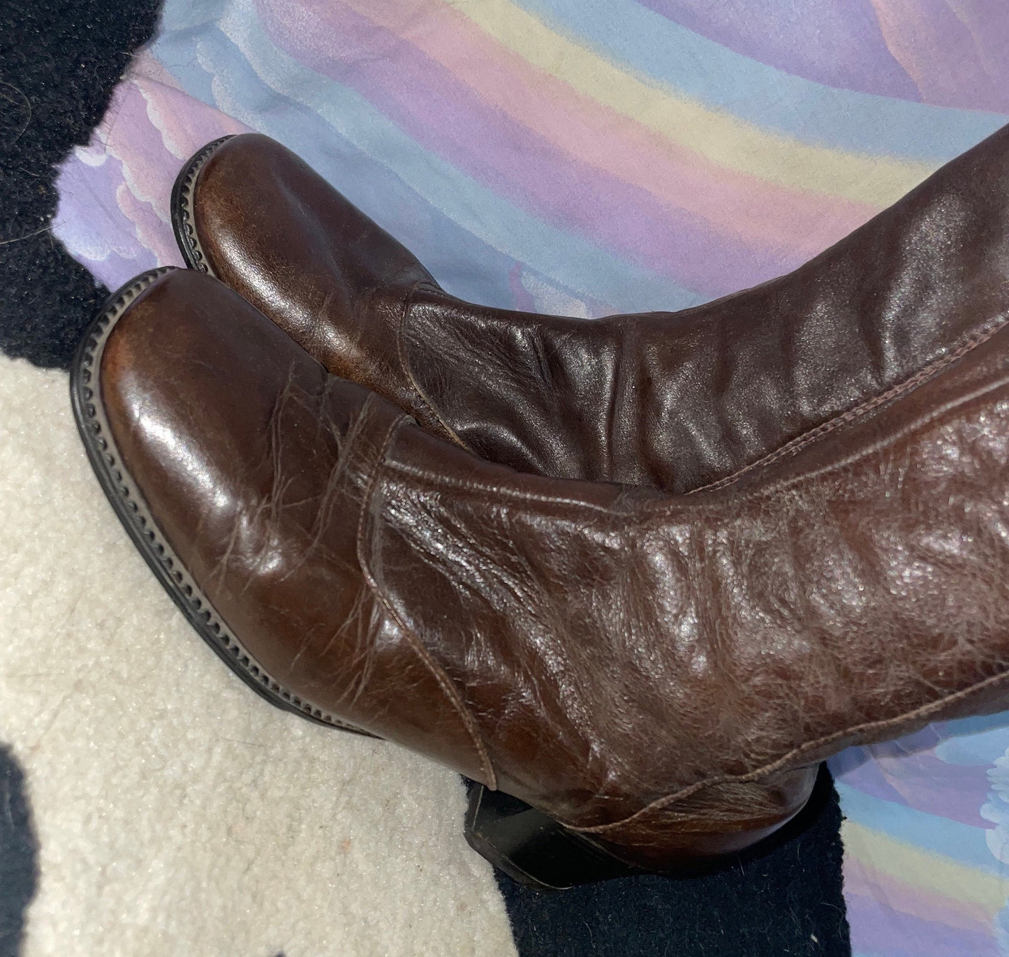 vtg 60s MOD GO GO Boots // vintage brown patent leather buckle boots calf high retro tall boots 70s glam psych nancy sinatra hippie style