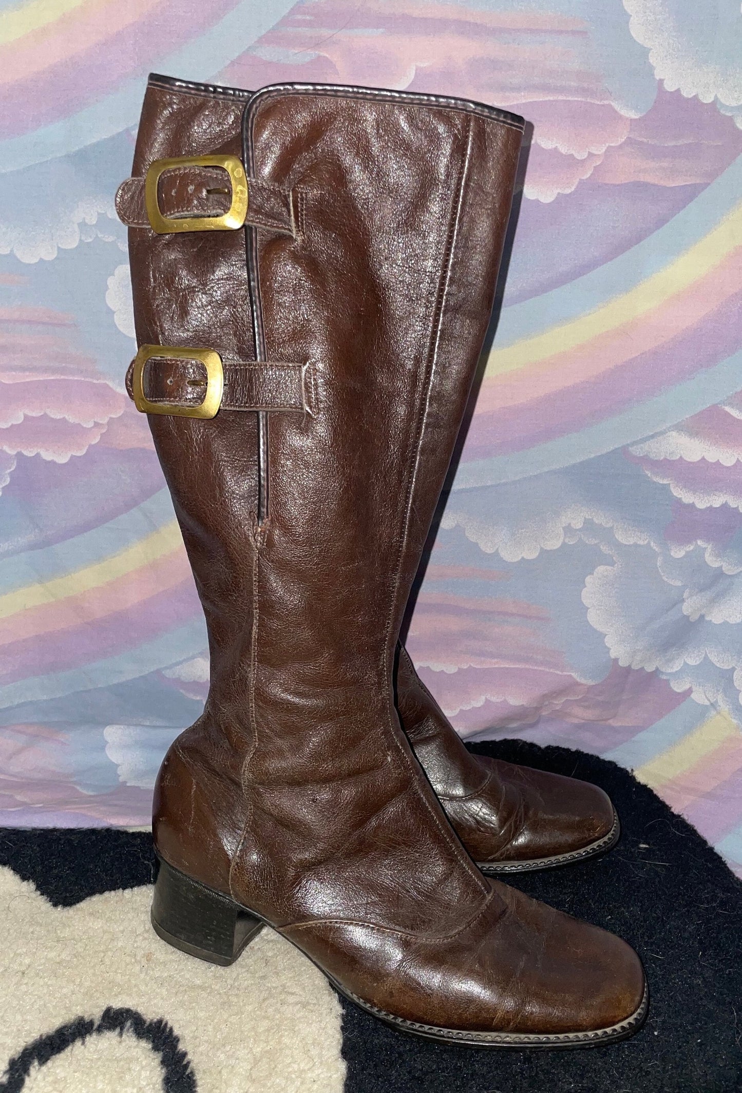 vtg 60s MOD GO GO Boots // vintage brown patent leather buckle boots calf high retro tall boots 70s glam psych nancy sinatra hippie style
