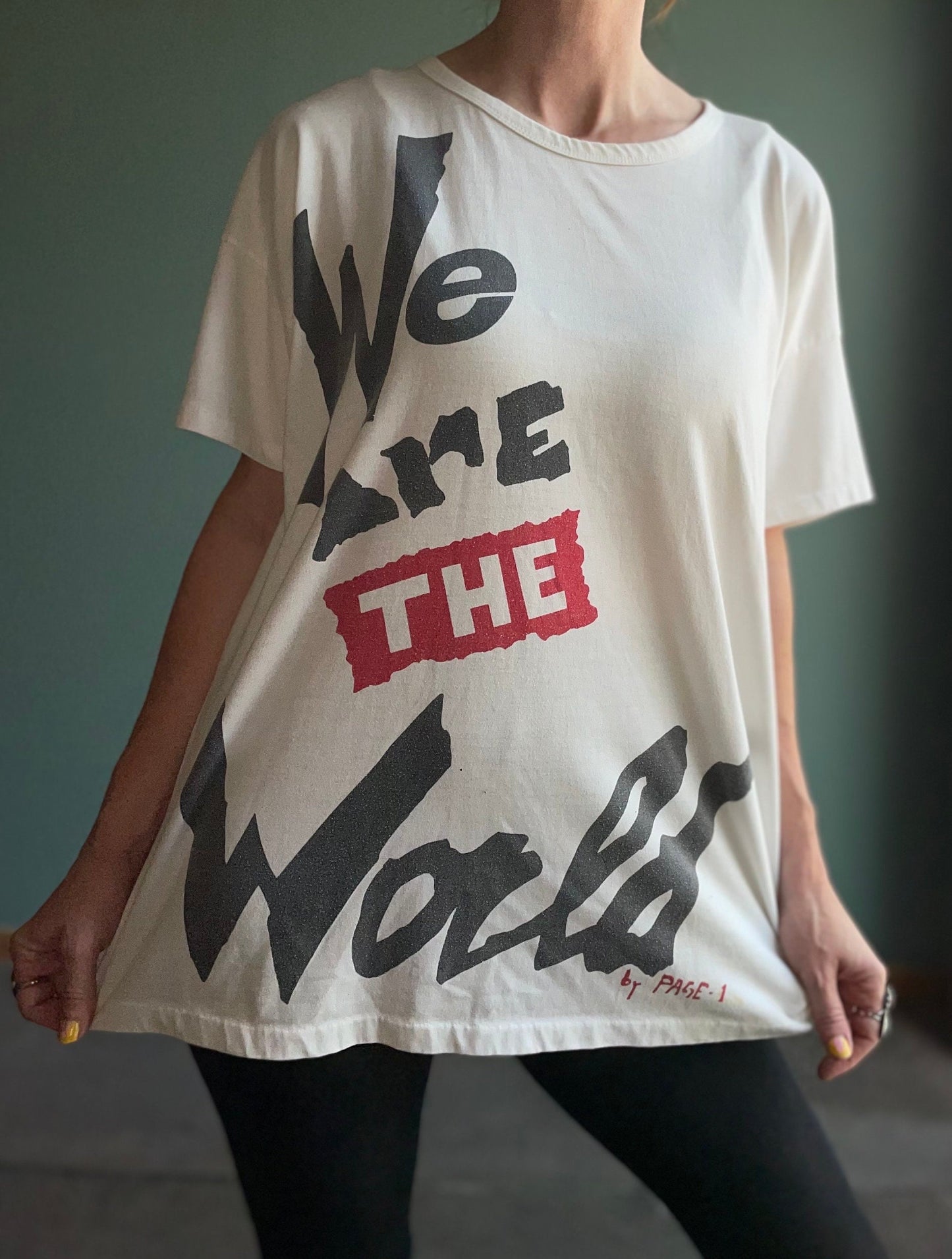 vtg 80s WE ARE The WORLD shirt // vintage usa for africa lionel richie bob dylan tour 1985 tom petty protest unite mtv 1980s music video xl