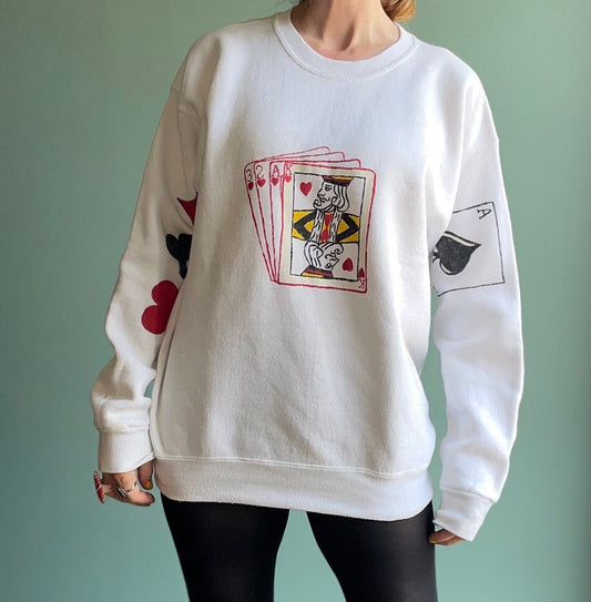 vtg 80s CARD DECK SWEATSHIRT // vintage poker womens large casino sweater homemade custom king jack of hearts queen lucky puff paint funky