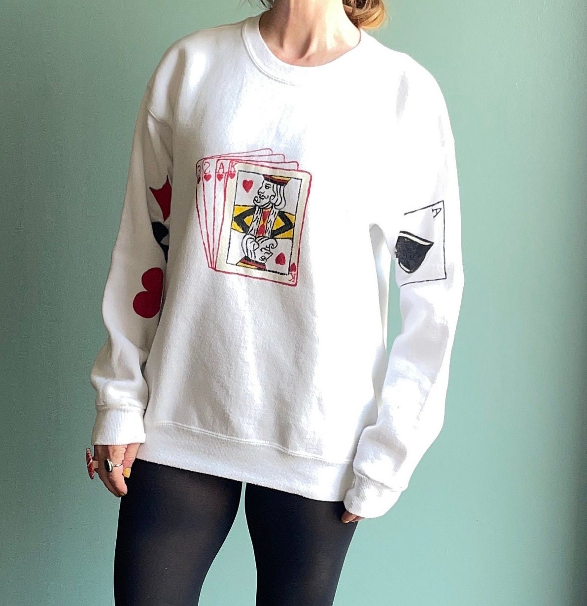 vtg 80s CARD DECK SWEATSHIRT // vintage poker womens large casino sweater homemade custom king jack of hearts queen lucky puff paint funky