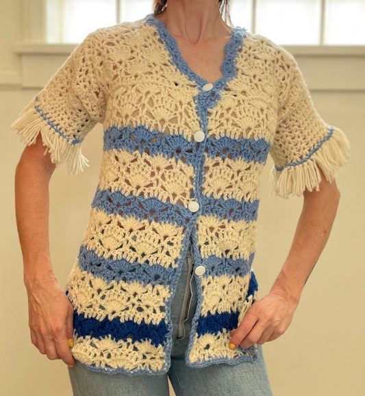 vtg 70s FRINGE SWEATER CARDIGAN / vintage short sleeve crochet chunky one of a kind homemade cute striped blue blanket sweater mod retro top