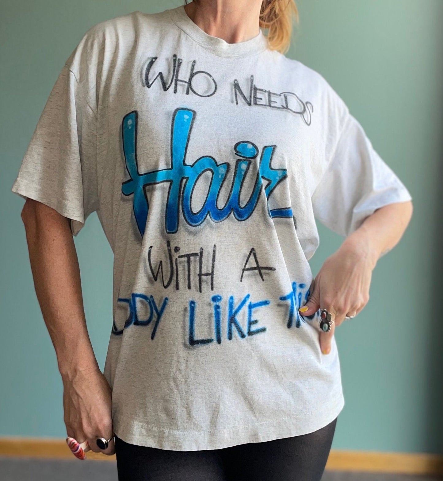 vtg 80s FUNNY TEE SHIRT // vintage “Who Needs Hair With a Body Like This?!” graffiti bald joke shirt old man grandpa dad silly gift hot body