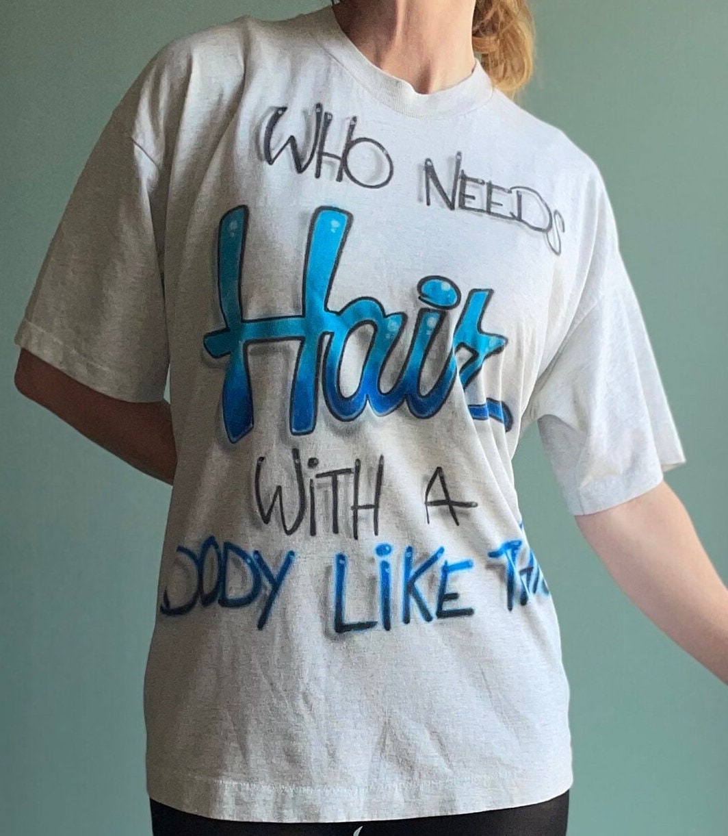 vtg 80s FUNNY TEE SHIRT // vintage “Who Needs Hair With a Body Like This?!” graffiti bald joke shirt old man grandpa dad silly gift hot body