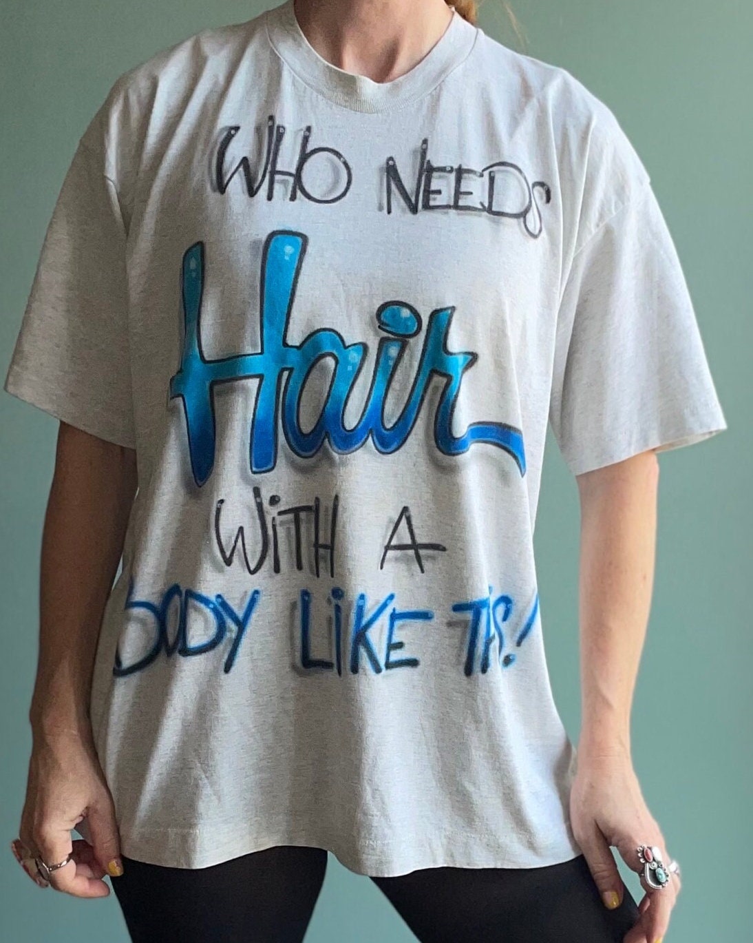 vtg 80s FUNNY TEE SHIRT // vintage “Who Needs Hair With a Body Like This?!” graffiti bald joke shirt old man grandpa dad silly gift hot body