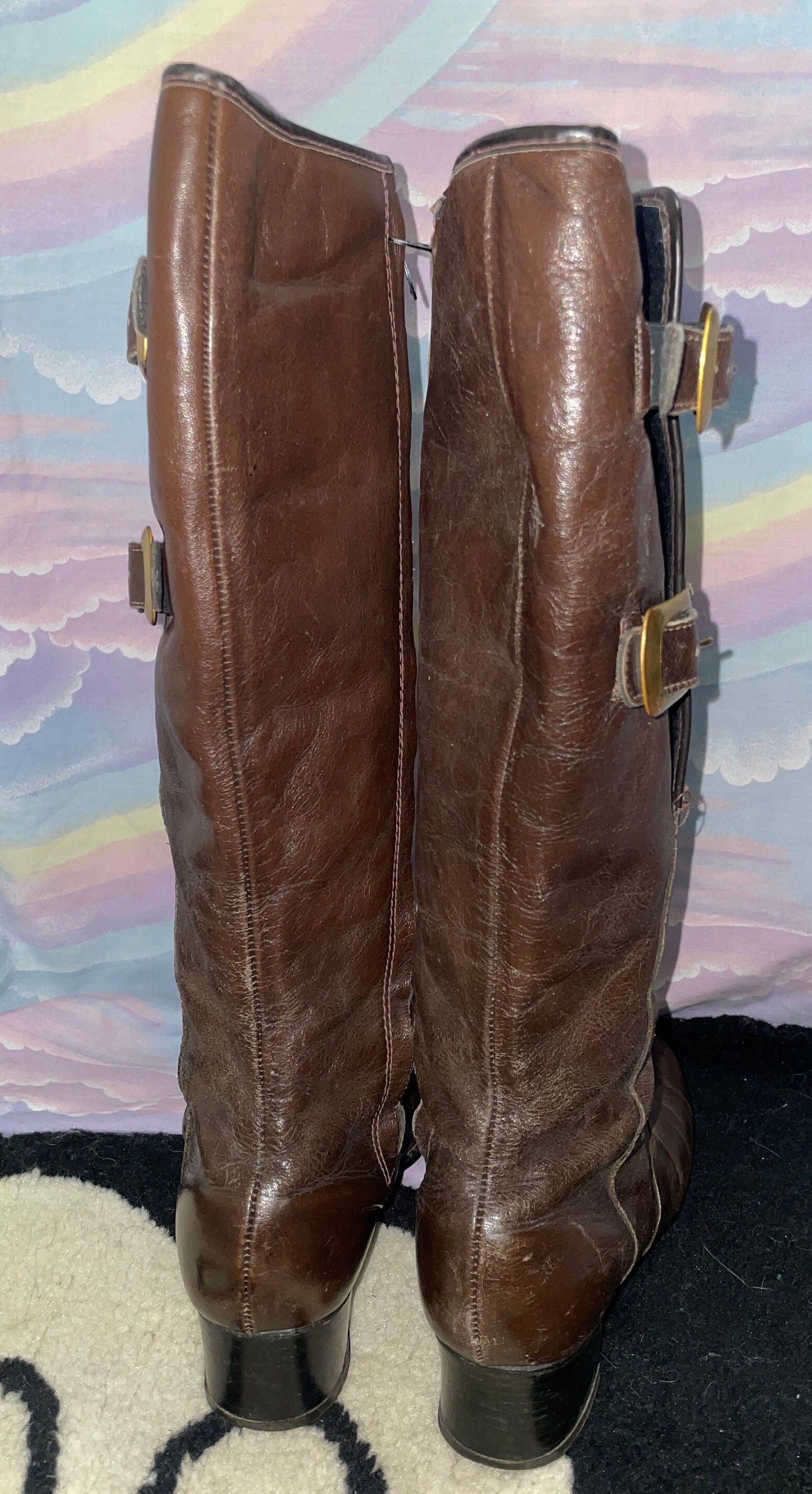 vtg 60s MOD GO GO Boots // vintage brown patent leather buckle boots calf high retro tall boots 70s glam psych nancy sinatra hippie style