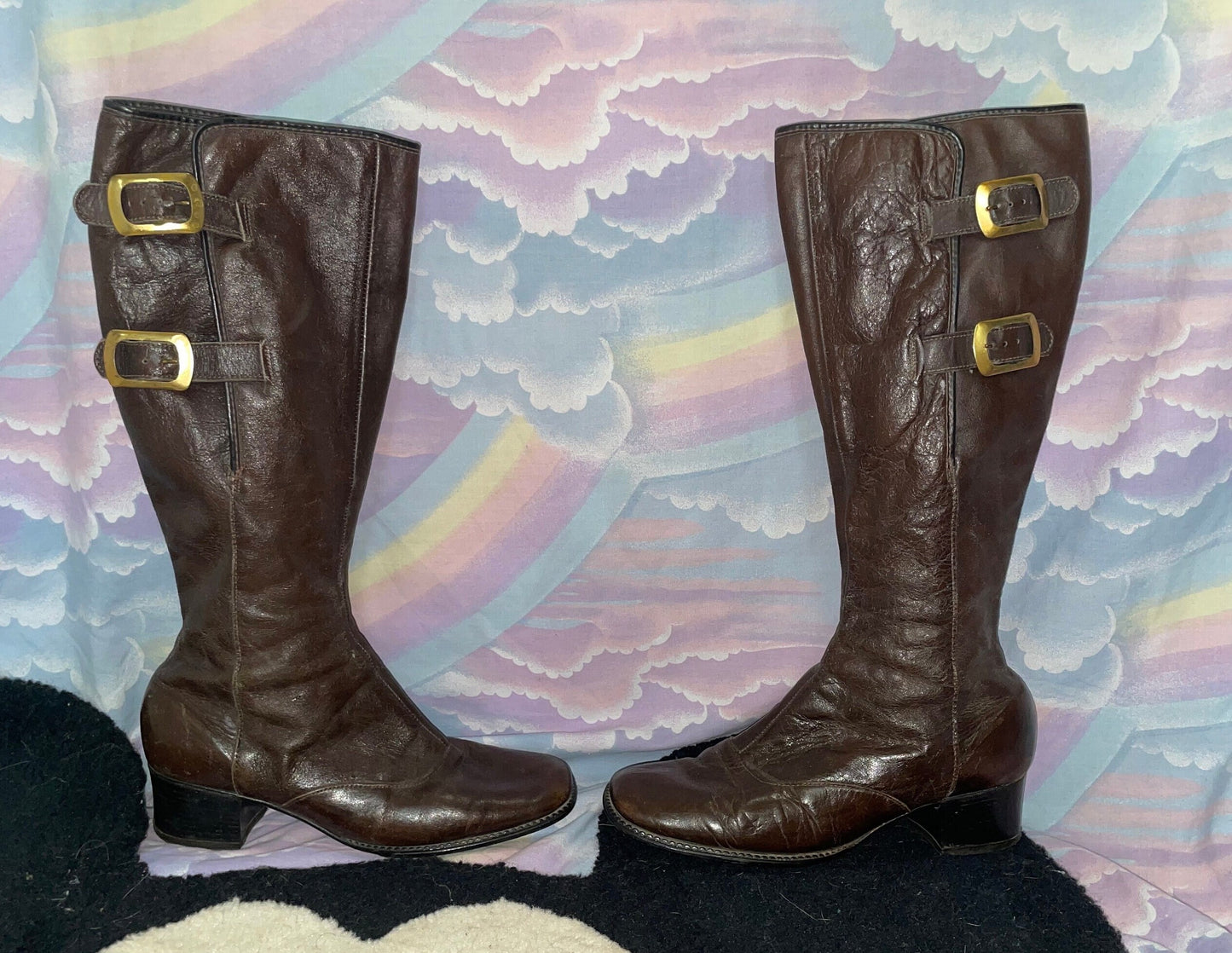 vtg 60s MOD GO GO Boots // vintage brown patent leather buckle boots calf high retro tall boots 70s glam psych nancy sinatra hippie style