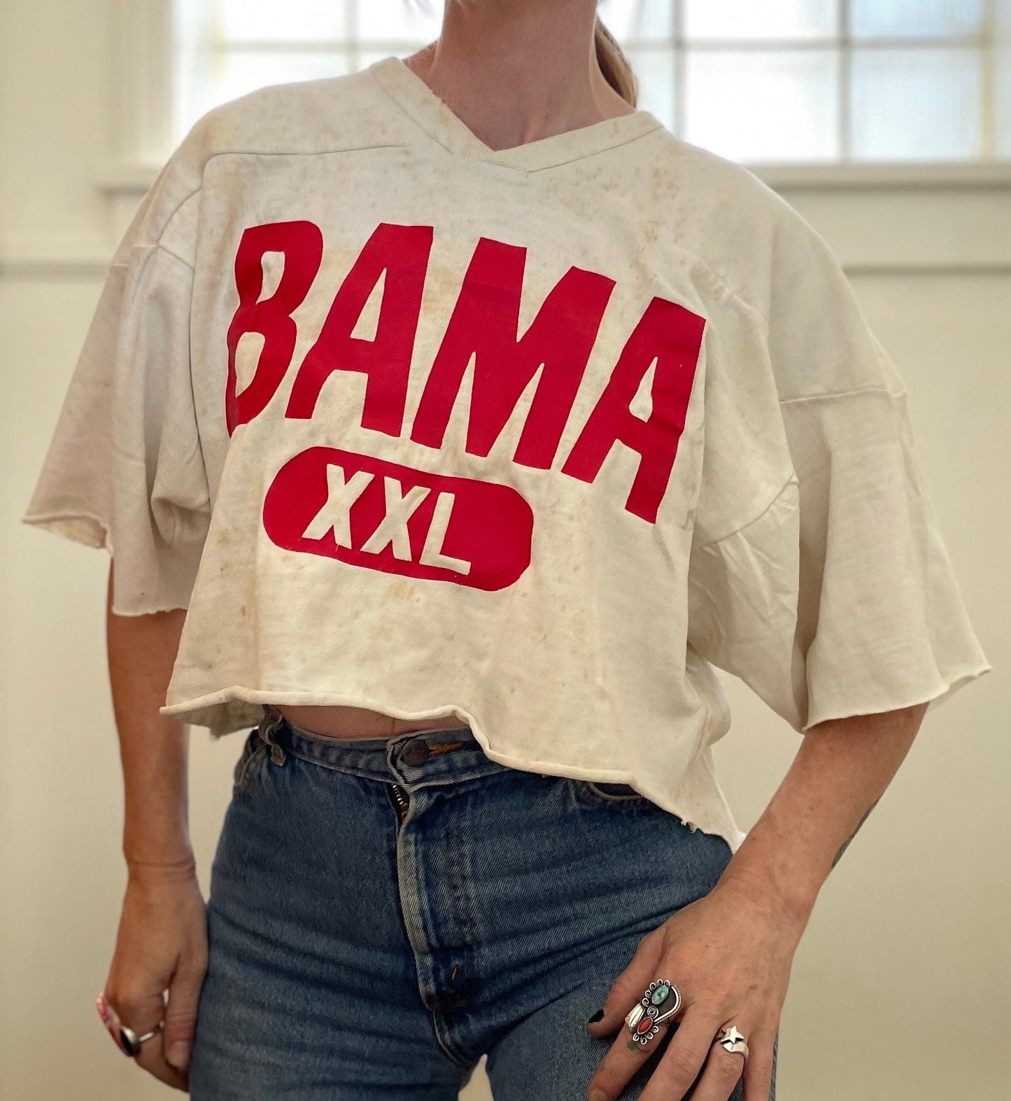 vtg 80s BAMA CUT OFF Sweatshirt // comfy slouchy baggy tee alabama sports jersey pill print jersey xxl boyfriend footbal big red logo
