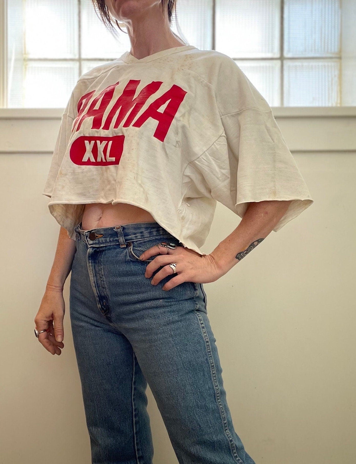vtg 80s BAMA CUT OFF Sweatshirt // comfy slouchy baggy tee alabama sports jersey pill print jersey xxl boyfriend footbal big red logo