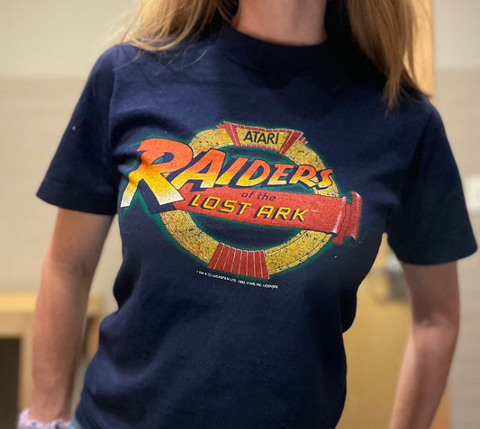 vtg 80s RAIDERS of the LOST ARK // atari Indiana Jones movie promo shirt youth large deadstock nostalgic  fitted crop top tight pop culture