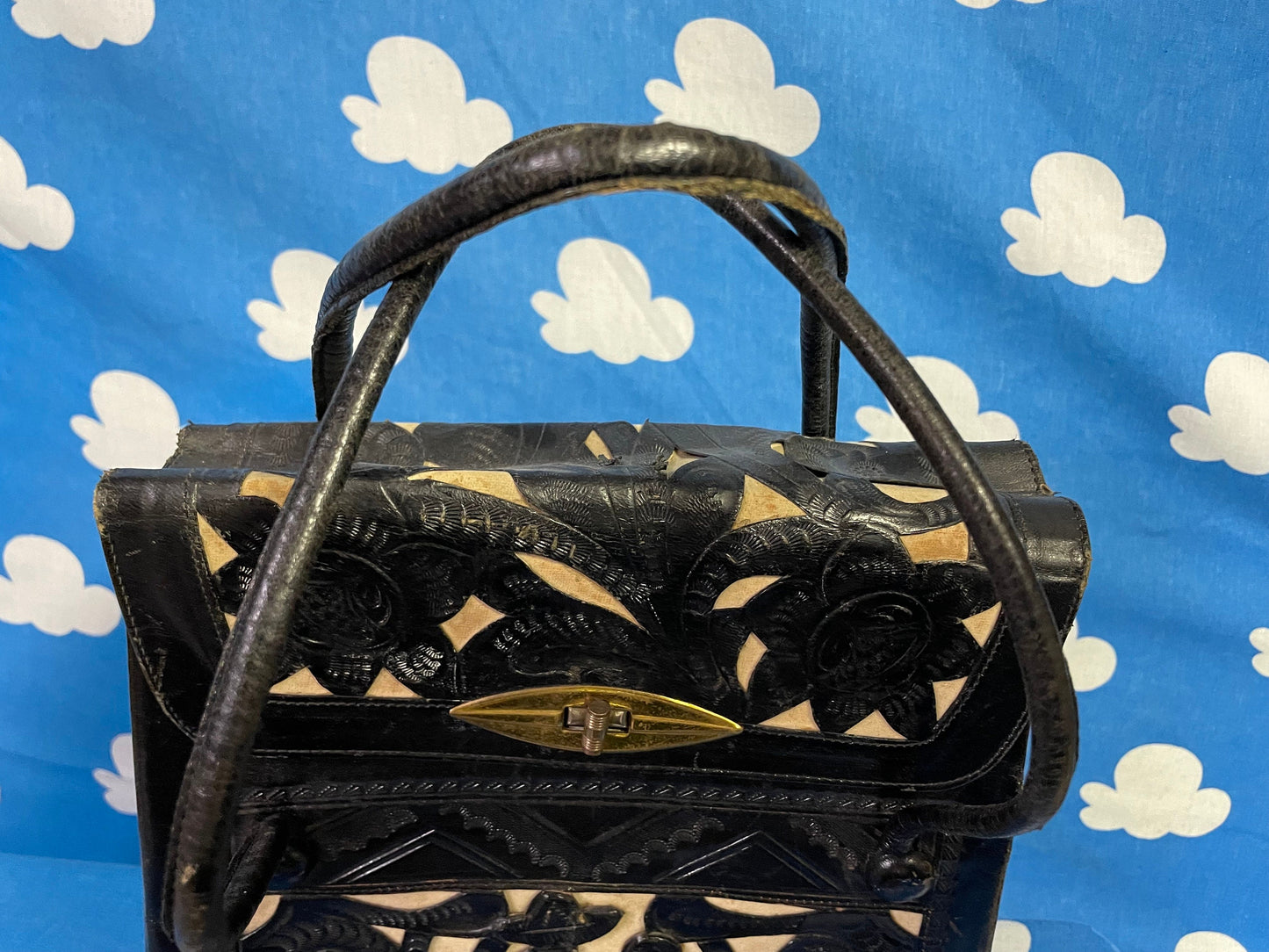 vtg 70s BLACK & WHITE LEATHER handbag // hand tooled top handle purse mexico lovers scene hippie western boho retro bohemian thick two tone