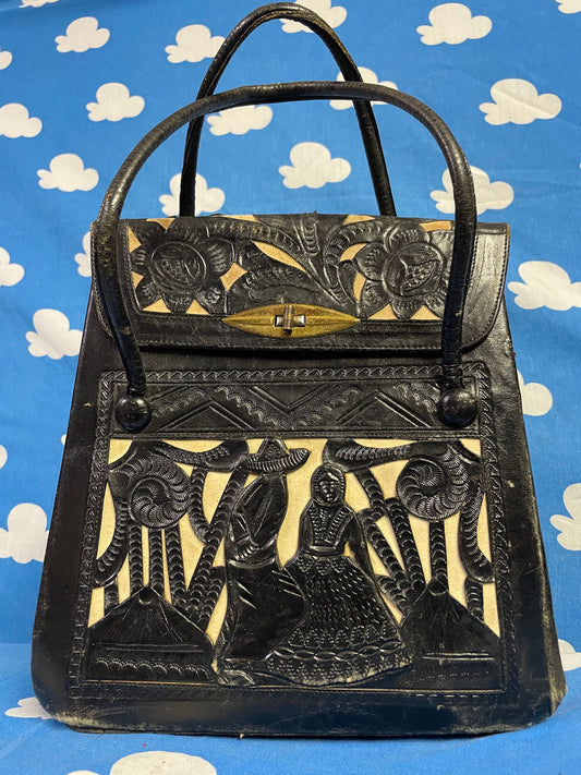vtg 70s BLACK & WHITE LEATHER handbag // hand tooled top handle purse mexico lovers scene hippie western boho retro bohemian thick two tone