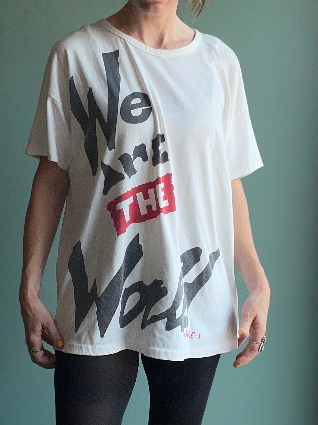 vtg 80s WE ARE The WORLD shirt // vintage usa for africa lionel richie bob dylan tour 1985 tom petty protest unite mtv 1980s music video xl